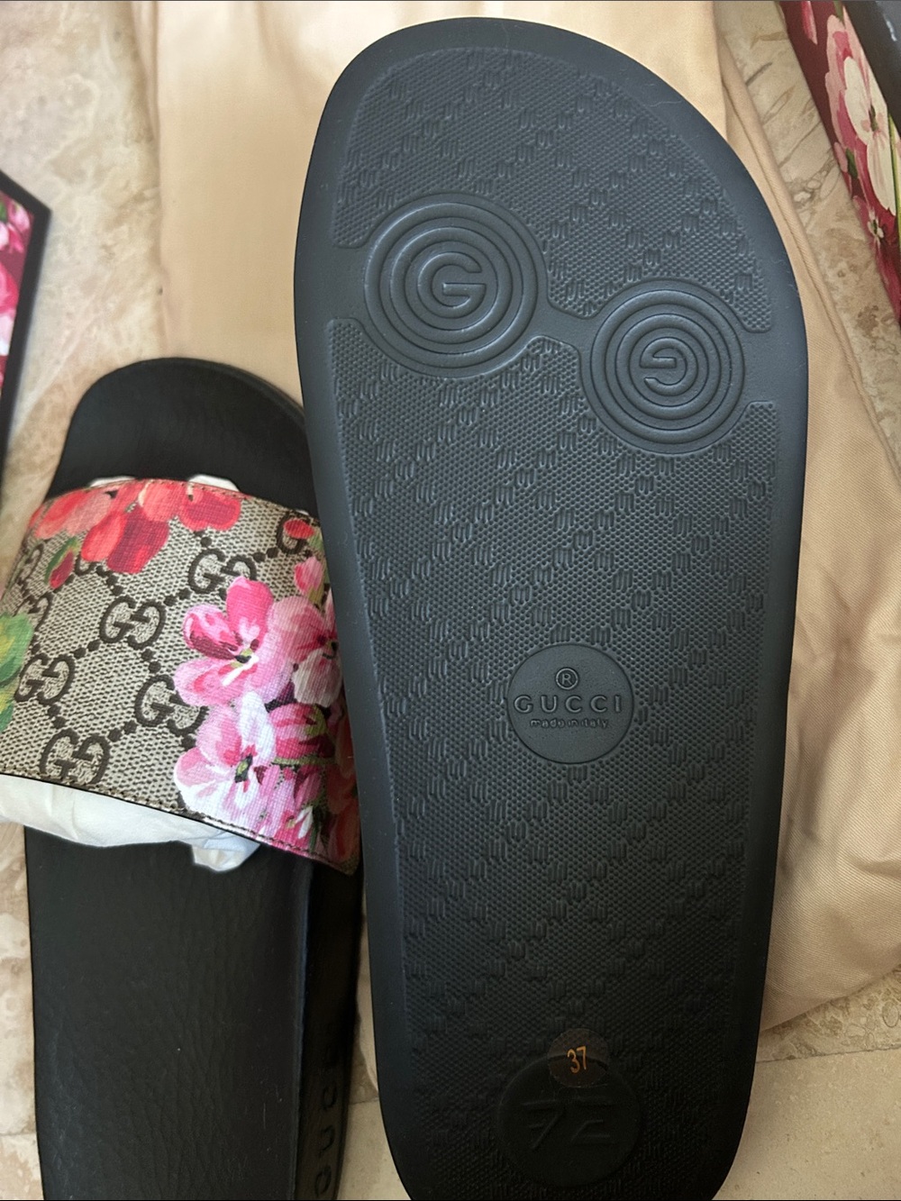Gucci Black Footbed Floral Monogram Slide Sandals - Picture 3 of 5